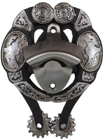 Ebros Gift Rustic Western Cowboy Boot Spur with Silver Longhorn Conchos Wall Soda Beer Glass Bottle Cap Cast Metal Opener Cabin Lodge Country Cottage Accent