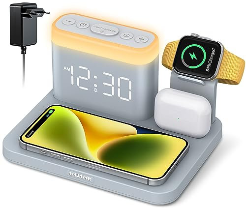 ANJANK 5 in 1 Caricatore Wireless con Sveglia & 7 Luci Notturne,Variabile da 0-100%,Caricatore a Induzione,Stazione di Ricarica Multipla per iPhone 14/13/12/Pro/Pro Max,AirPods3/2/1/Pro,Apple Watch