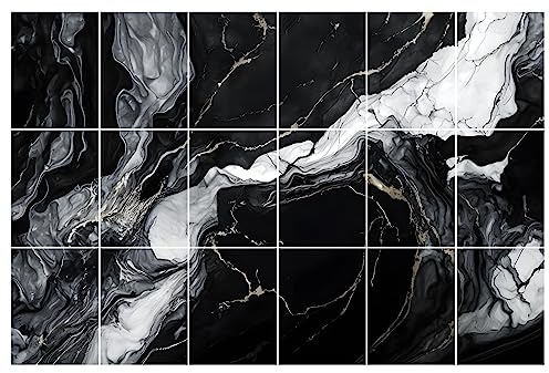 GRAZDesign Fliesenaufkleber Bad & Küche | 15x20cm - 18 Stück | Marmor Granit Schwarz weiß wasserfeste & selbstklebende Klebefliesen | Fliesenfolie 90x60cm