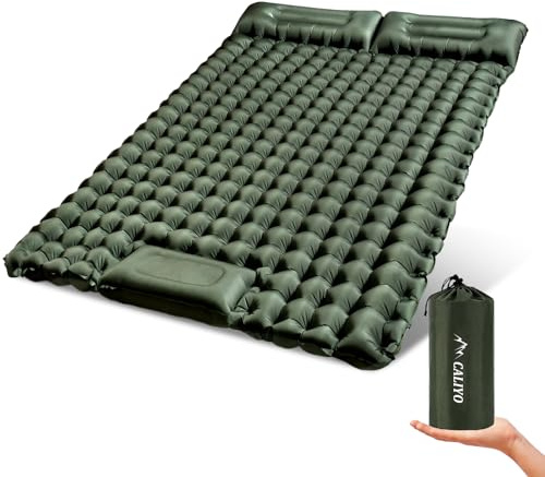CALIYO Isomatte Camping 2 Personen, 200x135 cm Verdickte Luftmatratze mit FußpressPumpe, Ultraleicht & WasserdichtIntegriertes Kopfkissen, Kleines Packmaß(Olivgrün)