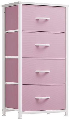 YITAHOME Cassettiera in tessuto,Armadietto con 4 Scomparti,Tiretti Pieghevoli in Tessuto,Struttura in Acciaio,Rosa