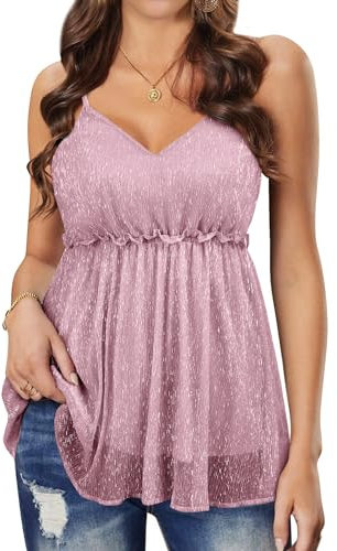 WIEIYM Damen Glitzer Oberteil Sexy V-Ausschnitt Ärmellose Verstellbare Trägertop Tank Tops Rüschen Gestufter Saum Shirt Cocktail Vest Festliche Pailletten Party Rave Outfit Bluse,Rose Gold,S