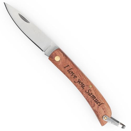 Wanapix | Taschenmesser mit Name | Graviertem Griff | Rostfreiem Stahl | Griff aus Holz | Klingenlänge: 7 cm | Klappmesser