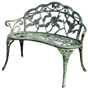 MMOU Gartenbank Metall Parkbank Wetterfest Sitzbank Mit Rückenlehne Armlehne Eisenbank Ruhebank Retro-Stil Gartenmöbel Stahl Gusseisen Bank Für Garten Park Balkon, Bronze