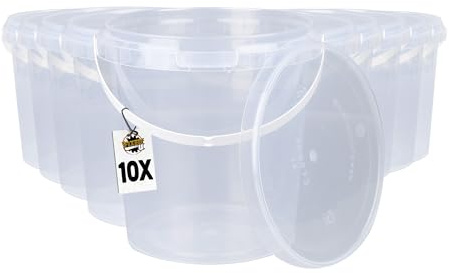 10 Eimer mit Deckel 1l Transparent rund | Kunststoff Eimer | Lebensmittelecht | luftdicht und stabil | Leer Behälter mit Griff und Deckel für Lebensmittel | Chemie | Tierfutter geeignet