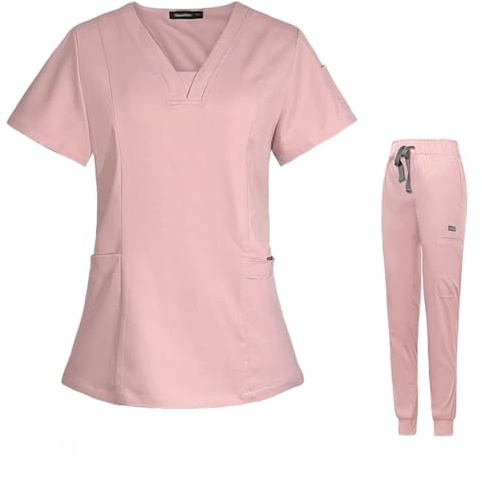 Meichoon Scrubs for Women Set Medical Clothing Sweet V-Neck Top with 3 Pockets Stretch Yoga Jogger Pants Sweat Wicking Lightweight DK08