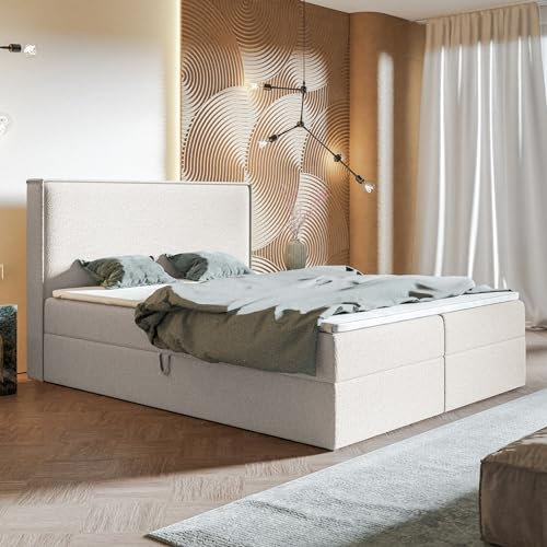 MOTIVENA Bari Boxspringbett 160x200 Weiß Boucle, mit Bonellfederkern-Matratze (H4), mit Visco Memory-Foam Topper (H2), Boxspringbett 160x200 mit Bettkasten Weiß (Milch)