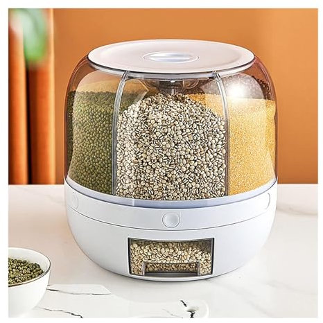 HAZARA Dispensador De Alimentos Secos Con 6 Divisiones, RotacióN De 360° ， Dispensador De Cereales Consigue Cereales Con Un Clic ， Recipiente Hermetico Apto Para Cocina (Capacidad 10kg)