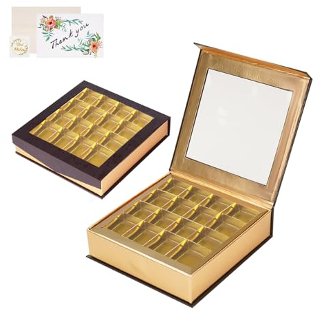 Chokladlåda, tom presentask, choklad, presentlådor, magnetiska dessertpresentlådor med transparent fönster för födelsedag, jul (2-pack) (svart, 16 rutor (2-pack)