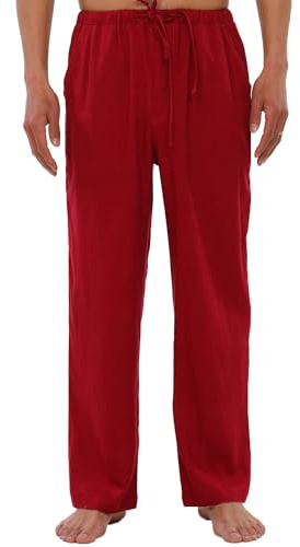 Pantalon de plage ample en lin avec cordon de serrage pour homme - Taille élastique - Léger - Pantalon de yoga - Pantalon de, Cordon de serrage rouge, Large