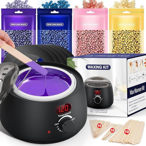 Waxing Kit for Women Men: Digital Display Wax Warmer for Hair Removal, Accurate Temperature Display, 4-Pack Hard Wax Beads, 30 Applicator Sticks - All-in-one at Home Use Hot Wax Melt Warmer