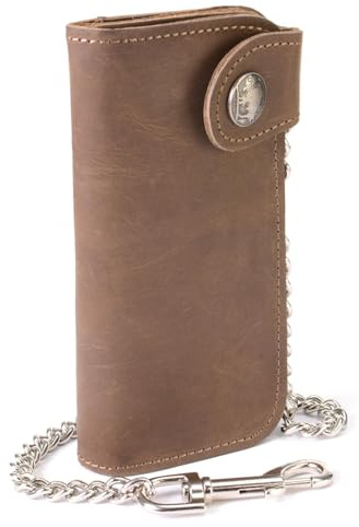 Milwaukee Leather MLW7829 Men's 7 Brown Leather Bi-Fold Biker Wallet w/Anti-Theft Stainless Steel Chain and Buffalo Nickel Snap - 7 Inch