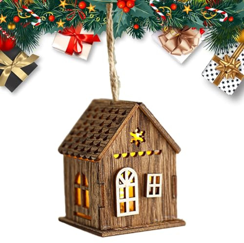 Weihnachtsdorfhaus - Holzornament Kabinendeko mit LED Licht | Rustikale Dorfhaus-Weihnachtsdekoration Bauernhof Weihnachtsbaum Miniatur-Hängeausstellung