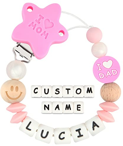 Kowlone Attache Sucette Nom Personnalisé Prenom Silicones Maman papa Attache Tétine en Clips Chaîne pour Bébé Filles Garçons(Rosa)