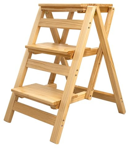Klappleiter Hocker mit kostenloser Montage Massivholz Trittleiter mit breiten Stufen für gute Stabilität und multifunktionale Nutzung als Regal 3 Stufen Design