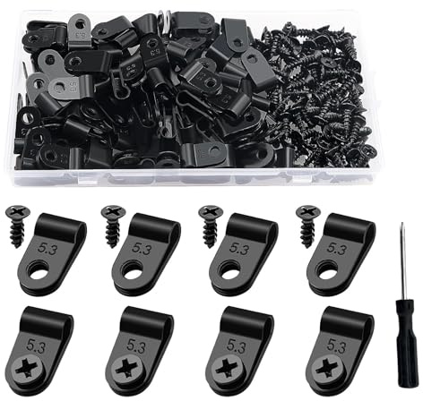 100 Stück 5.3mm (3/16 Zoll) Nylon R-Type Kabelhalter, R Typ Cable Clip Drahtklemme mit 100 Stück Schrauben, für Drahtmanagement (Mit 1 Schraubendreher, Schwarz)