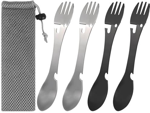 4 Stück Edelstahl Göffel Camping Besteck, 5 In 1 Tragbare Multifunktions Löffel Gabel Messer Flasche Dosenöffner, Multifunktions Outdoor Besteck Spork can Opener für Reisen, Wandern, Picknick