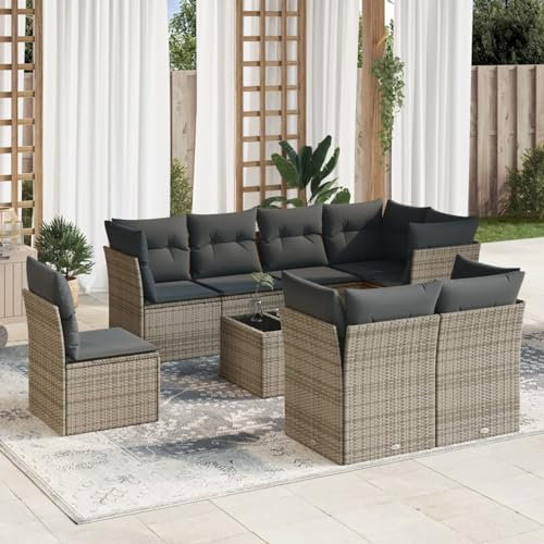 Brokky 9-TLG. Garten-Sofagarnitur mit Kissen LoungemöBel Balkon Patio Furniture Gartengarnitur Set Grau Poly Rattan / 3217940
