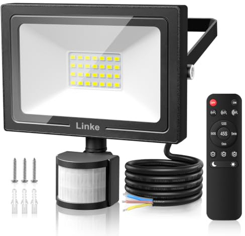 Linke Security Lights Outdoor Motion Sensor, 25W LED Flood Lights with PIR | 2100 Lumen Motion Sensor Lights Outdoor with Remote Control, IP66 Waterproof Wall Light for Garden, Backyard, Garage