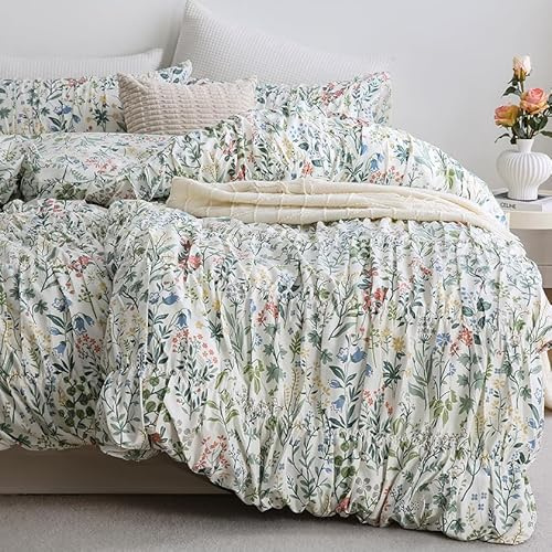 Herside 100% Cotton Ruched Duvet Cover King,Dorm Bedding Green Floral Bedding Sets Aesthetic Botanical Flower Garden Comforter Cover Shabby Chic Vintage Bedding for Girls Women Room Decor All Season