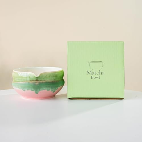 YlobdolY Tazón de cerámica para matcha con boquilla de vertido, hecho a mano, porcelana esmaltada en acuarela, tradicional japonés, cuenco para mezclar té matcha con caja de regalo para batir matcha