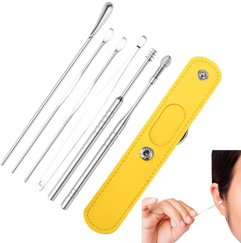 Retirada De Cera Para La Oreja - Set De Limpiador De Acero, Herramientas De Selección De Orejas | Kit De Extractores De Cementera De Acero Inoxidable De 6 Piezas Con Estuche De PU, Colección De