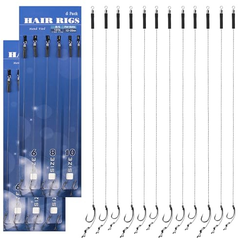 12 Pcs Barbless Fishing Hooks, Hair Rigs for Carp Fishing (Size 6#8#10#)