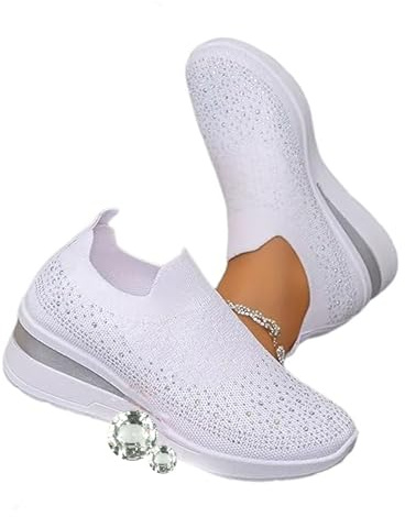 Orthopedic Sneakers with Sparkling Rhinestones, Mesh Slip-On Wedge Platform Sneakers, Sparkly Bling Wedding Dressy Tennis Shoes for Bride (White,10)