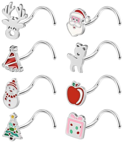 ZS 8Pcs 20G Stainless Steel Christmas Nose Rings, Christmas Tree Snowflake Elk Nostril Jewelry Silver, Christmas Corkscrew Nostril Studs L Shape Nose Rings For Women