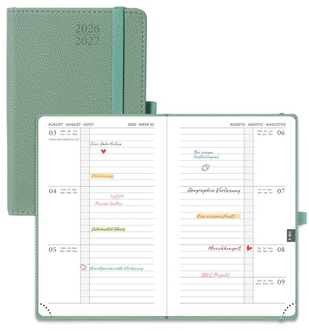 POPRUN Agenda 2026 2027 Dagsplanerare 15,5x10,5cm, från Aug'26 - Dec'27, 17 Månader Skolkalender, Papper 80 gsm,Militärgrön