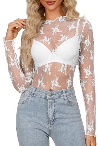 Homlan Maglia Sexy da Donna in Rete a Maniche Lunghe con Collo Alto Trasparente con Motivo Floreale per Clubwear, Bianco, L