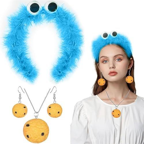 YCWSSB Krümelmonster Haarreif, Cookie Krümelmonster Haarreif mit Augen, Cookie Halskette, Cookie earring,Krümelmonster Accessoires für Damen Karneval, Fasching Halloween Kostüm