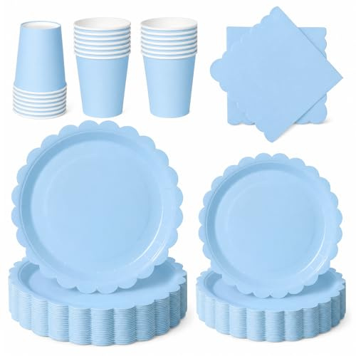 PYAILI set di posate blu, composto da 96 pezzi: piatti, tovaglioli, bicchieri e tappeti da tavolo. Ideale per feste di compleanno per bambini e banchetti, può ospitare fino a 24 ospiti.