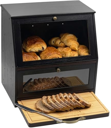 Brotkasten Holz im Vintage Landhaus-Stil – Große Brotaufbewahrungsbox mit 2 Etagen & Integriertem Schneidebrett – XXL Brotaufbewahrung Schwarz aus Bambus – Traditioneller Brotbehälter Frischhaltend