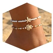 Giyehehi 2er-Set Muschel-Fußkettchen für Damen, vergoldetes Boho-Fußkettchen-Set mit Perlen, Seesternen und Muscheln, verstellbar, sommerlicher Strand- und hawaiianischer Fußschmuck