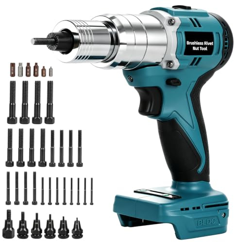 Remachadora eléctrica compatible con batería Makita de 18 V, motor sin escobillas, fuerza de tracción de 100 Nm, 600-2000 rpm, para tuercas M3-M10, 6 cabezales de remache y 30 barras de tracción