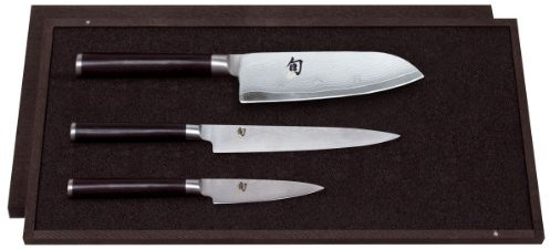 KAI Shun Classic japanisches Kochmesser 3er Set - Santoku 18 cm Klingenlänge + Allzweckmesser 15 cm Klingenlänge + Officemesser 9 cm Klingenlänge, Damastmesser 32 Lagen VG MAX Kern, 61 HRC, Pakkaholz