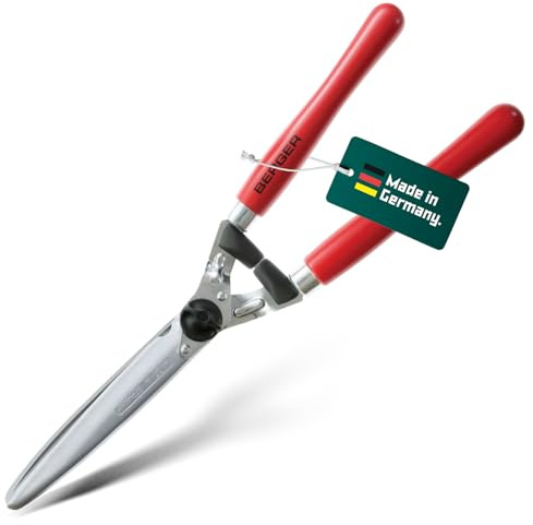 BERGER Heckenschere 4490 | Handheckenschere | Heckenschere manuell | 24 cm Schnittlänge | Buchenholzgriffe | Gerade Klingen & Anschlagdämpfer | 2 Saftrillen | Astabschneider | Made in Germany