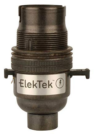 ElekTek Safety Switch Lamp Bulb Holder B22 BC Bayonet Cap with Shade Ring - 10mm/M10 x1 Threaded Bottom Entry - Bronze - Child Safe Switch Push Bar locks OFF when bulb not inserted. Made in UK