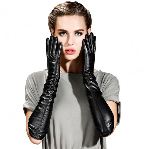 QECEPEI Damen lange Lederhandschuhe, Winter, Touchscreen-Oper, Abendkleid, Fahrerhandschuhe - Schwarz