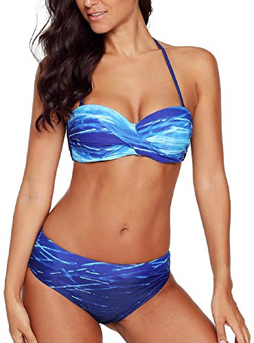 Tuopuda Costume da Bagno Donna Bandeau Bikini Set Push Up Imbottito Costumi Mare Due Pezzi Brasiliana Bikini Gradient Color Spiaggia Sexy Top Triangolo Reggiseno con Slip Vita Bassa, Oceano Blu, 44