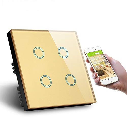 Interruptor inteligente WiFi estándar de Reino Unido, 4 Conmutadores Interruptores de Luz, Control de Voz, Interruptor de Pared WiFi, Panel de Cristal de 1000 W, 220 V, Dorado