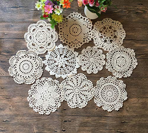 MINDPLUS Set di 10 Centrini all'Uncinetto a Mano Centrini in Pizzo all'Uncinetto in Cotone da Tovaglietta 15-17 cm Rotondi Beige Vintage Matrimonio Tea Party
