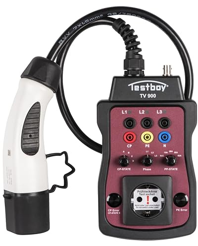 Testboy TV 900 Ladesäulenadapter zur Prüfung von Typ-2 Ladesäulen (Installationstester oder Multimeter anschließbar, integrierte LED, eingebaute Schuko-Steckdose mit Phasenumschaltung), Schwarz/Rot