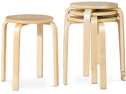 Hysache Set of 4 Wood Dining Stools with Round Top, 18-inch Bentwood Stackable Backless Stools for Kitchen, Home, Garden, Living, Classroom (Natural)