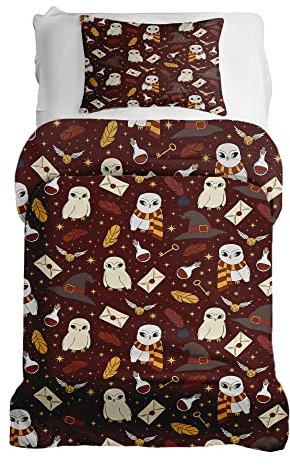 TherapieWelt Bettwäsche Kinder Set - Deckenezug Bezug aus Baumwolle mit Reißverschluss Bettbezug 100x135cm und Kissenbezug 40x60cm für Kinder/Jugendliche Eule Zauberer rot beige