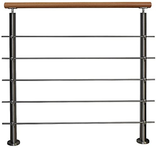 TIBU Edelstahl Geländer mit Holz Buche Handlauf 0,6 - 5 m Länge Treppengeländer Innen, Variante: mit 5 Streben Länge: 2,8 m mit 3 Pfosten