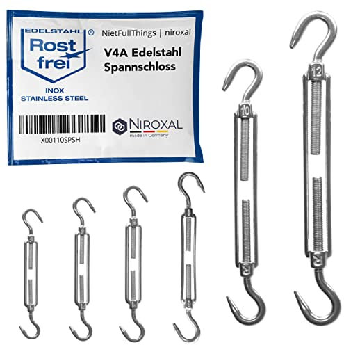 1 tenditore in acciaio inox V4A con due ganci, conforme allo standard DIN 1480 1478, modello con gancio e vite di serraggio da M 4mm