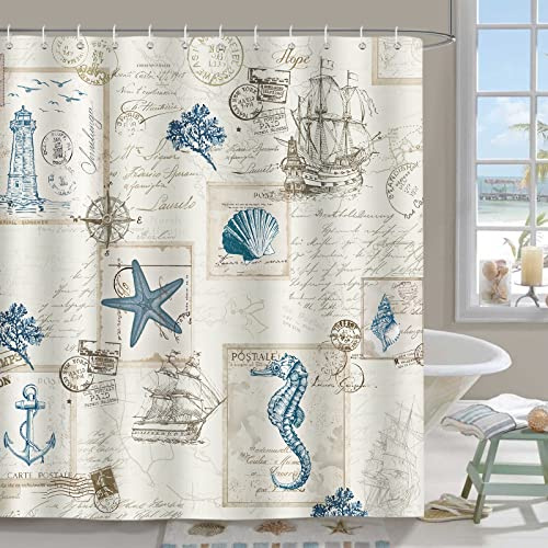 Bonhause Duschvorhang Maritim Nautisch Anker Leuchtturm Segelboot Duschvorhänge 180 x 180 cm Anti-Schimmel Wasserdicht Polyester Stoff Waschbar Bad Vorhäng für Badzimmer mit 12 Haken