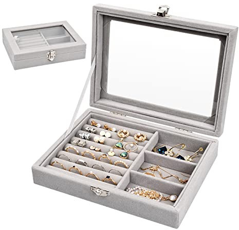 Pinsheng Scatola Portagioie Velluto, Grigio Cofanetto Portagioie con Coperchio in Vetro Organizzatore da Gioielleria Donna per Orecchino, Anello, Gemelli